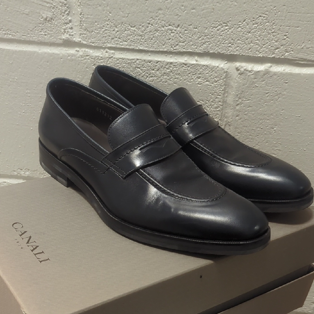 Canali Dark Blue Leather Men's Slip-Ons